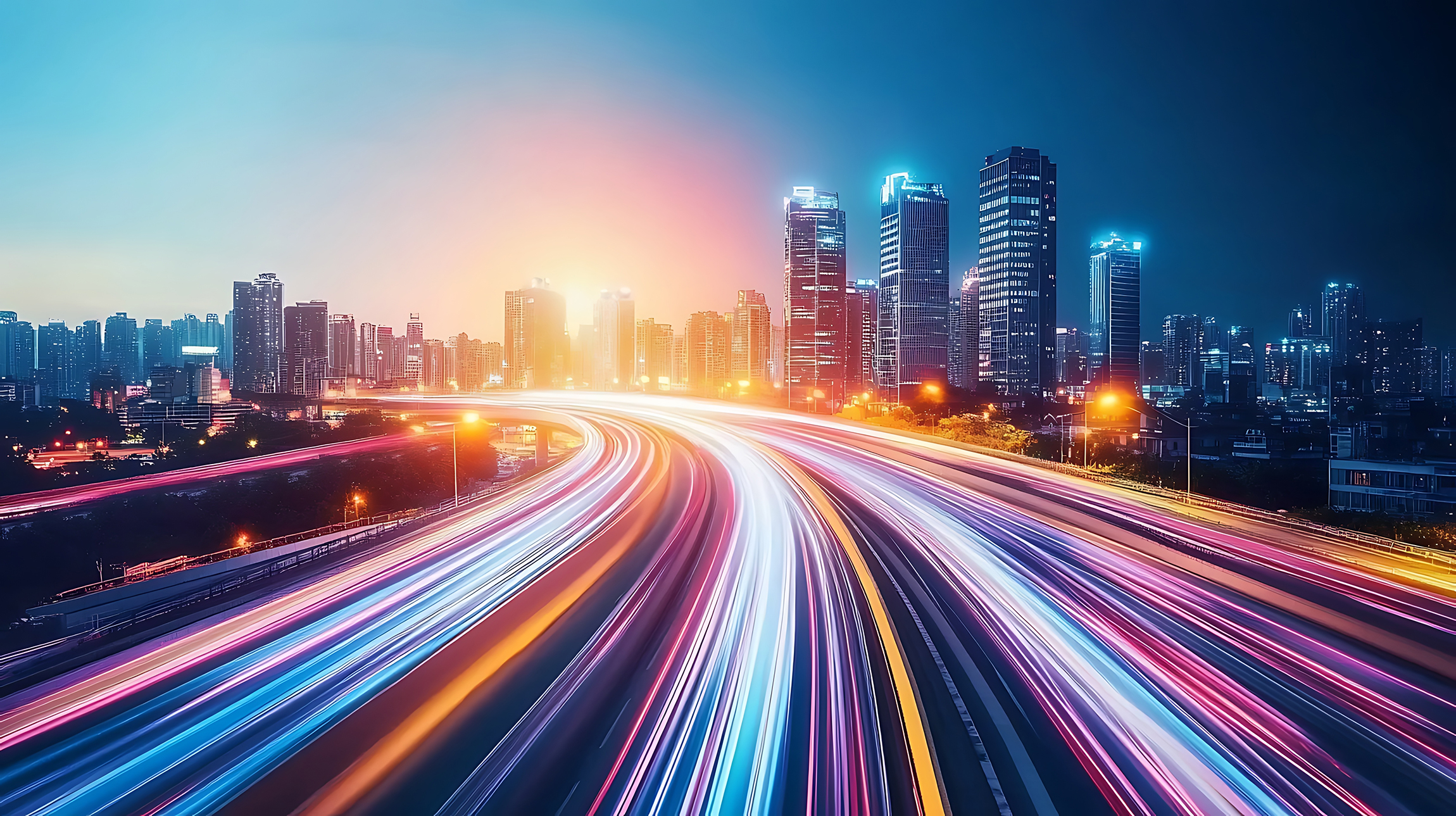 Cityscape At Dusk Showing Traffic Light Trails